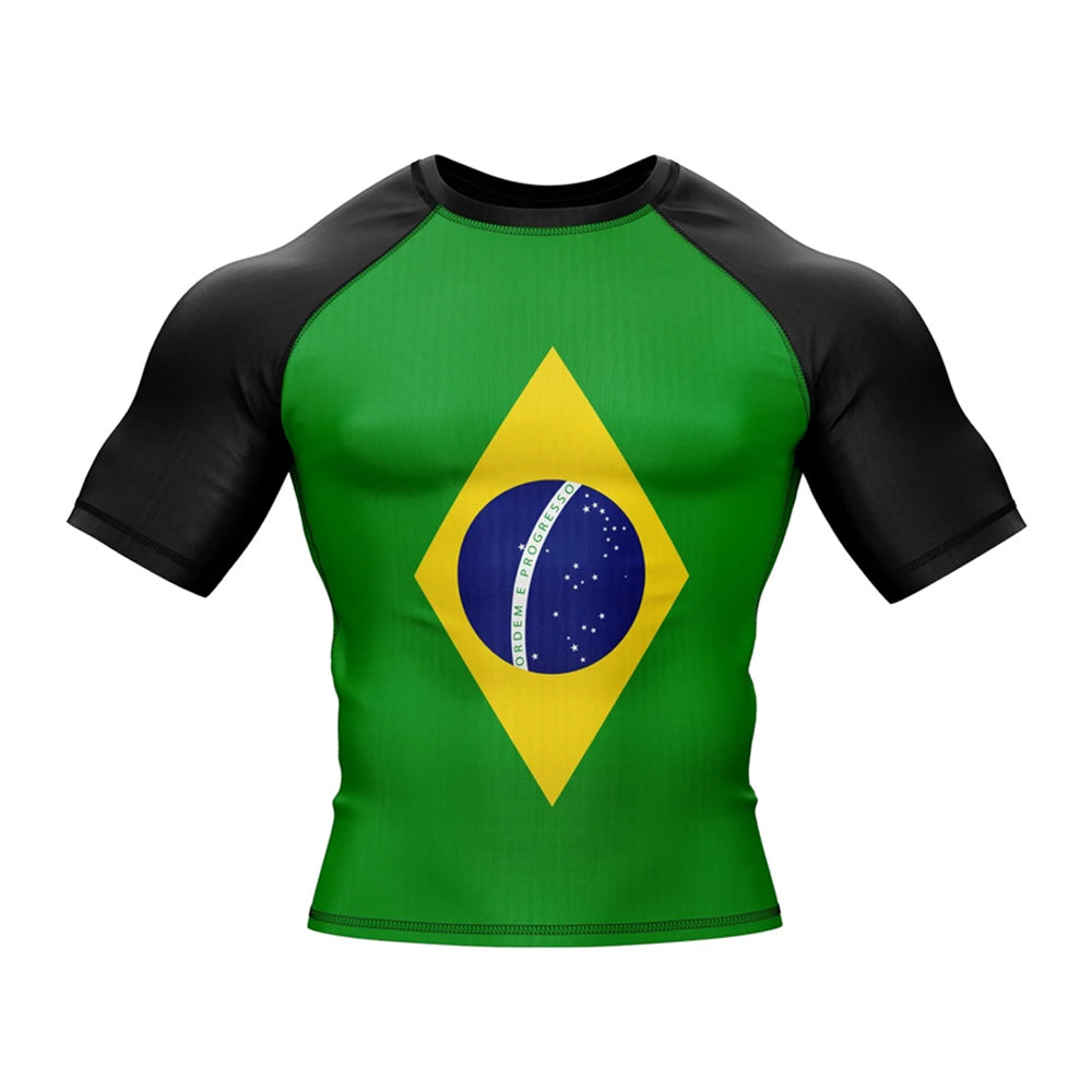 Brazil Flag Short Sleeve Compression Rashguard